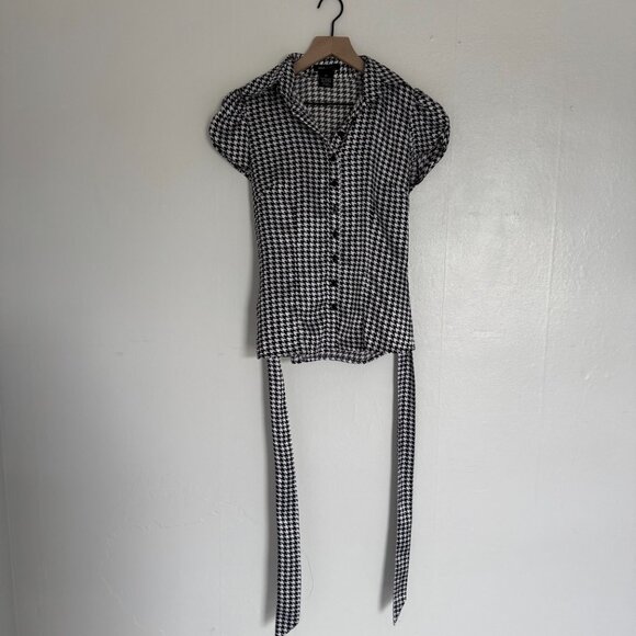 BCBGMAXAZRIA Black & White Houndstooth Cap Sleeve Belted Silhouette Blouse XS - Picture 7 of 11